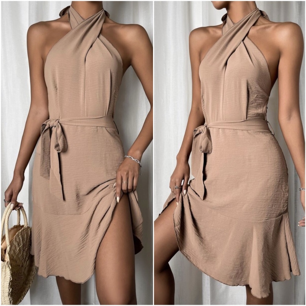 Mocha Brown Twist Halter Ruffle Midi Dress Belted - Picture 2 of 10
